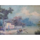 A 19TH/20TH CENTURY FRAMED CHINESE GOUACHE PAINTING, depicting a riverside scene, the frame 26.5cm x