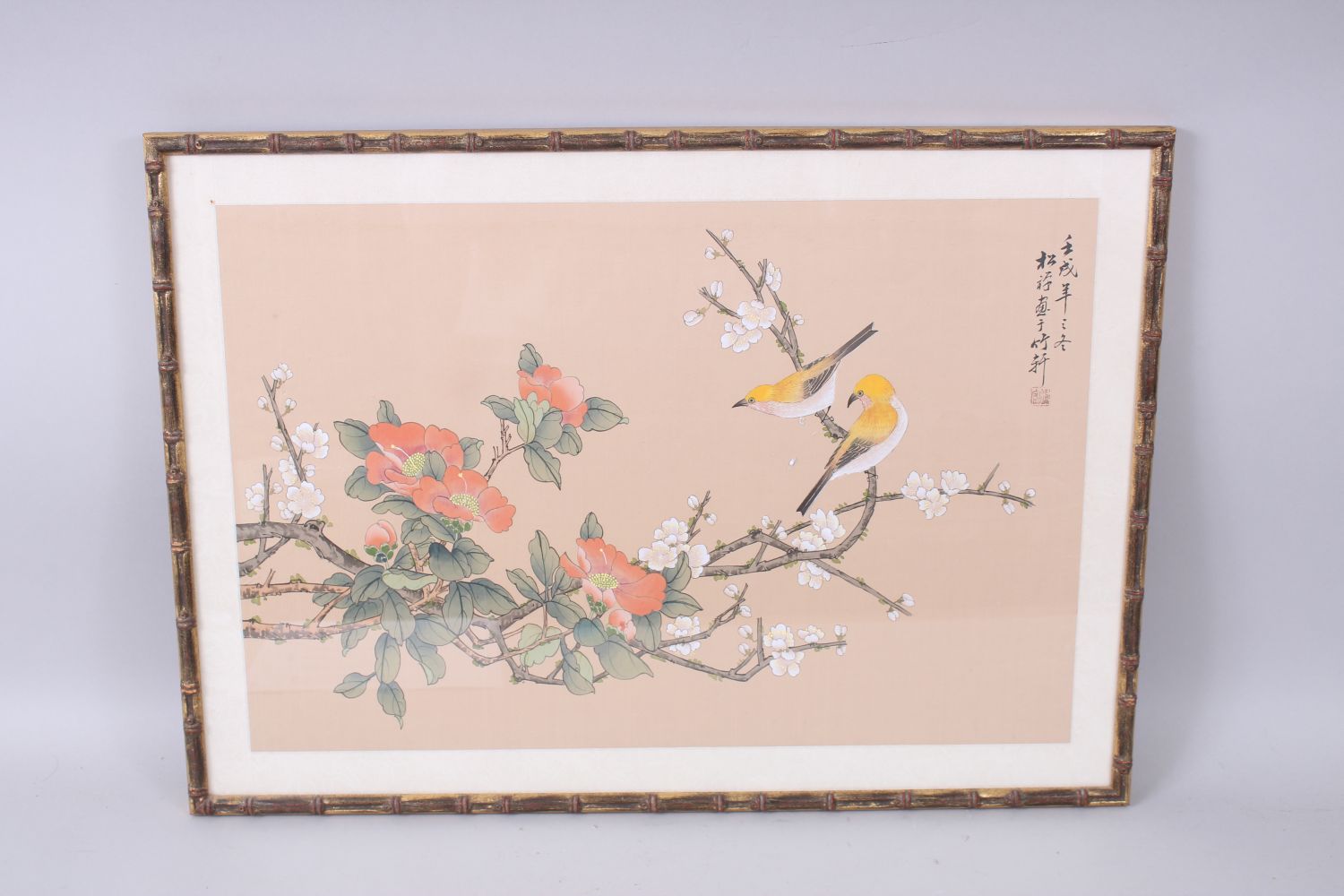 A GOOD 19TH / 20TH CENTURY CHINESE PAINTING ON TEXTILE OF BIRDS, the birds sat in trees, the upper - Image 2 of 6