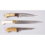 A COLLECTION OF THREE INDO PERSIAN BONE HANDLED DAGGERS, one with gold inlay.