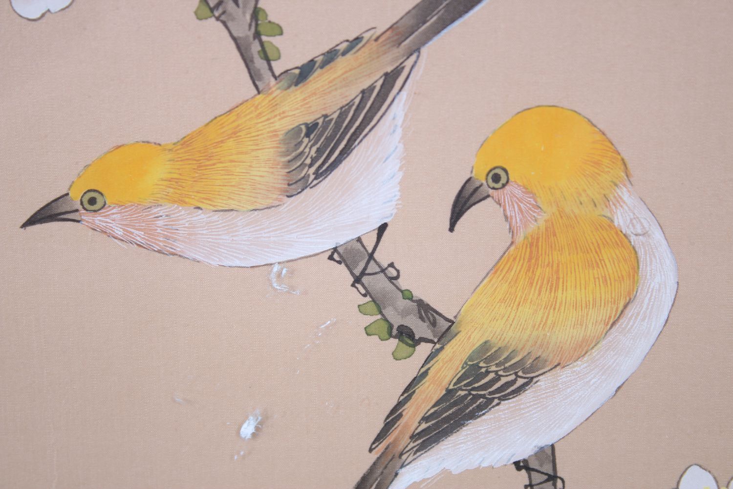 A GOOD 19TH / 20TH CENTURY CHINESE PAINTING ON TEXTILE OF BIRDS, the birds sat in trees, the upper - Image 6 of 6