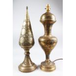 TWO 19TH CENTURY PERSIAN QAJAR CHASED BRASS PIECES, one converted to a lamp.