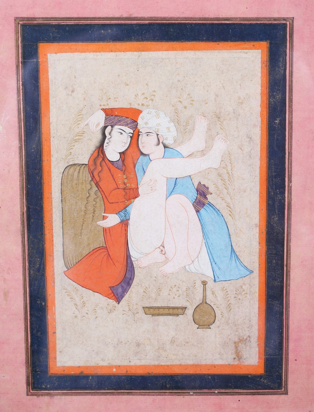 A 19TH CENTURY OR EARLIER PERSIAN EROTIC PICTURE, 16cm x 10cm, framed and glazed.