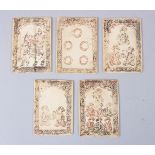 A SET OF FIVE RARE 18TH CENTURY INDIAN POLYCHROME IVORY PLAYING CARDS, 6.5cm x 4.5cm.