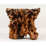 A LOVELY JAPANESE 19TH / 20TH CENTURY NATURAL ROOT WOOD VASE / SCULPTURE 36cm high, 42.5 wide.