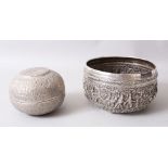 A FINE BURMESE SILVER BOWL and another WHITE METAL INDIAN ROUND BOX.