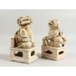 A PAIR OF 18TH CENTURY FIGURES OF SEATED KYLINS. 8ins high