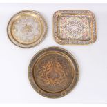 A COLLECTION OF THREE FINE MAMLUK REVIVAL SILVER INLAID BRASS TRAYS.