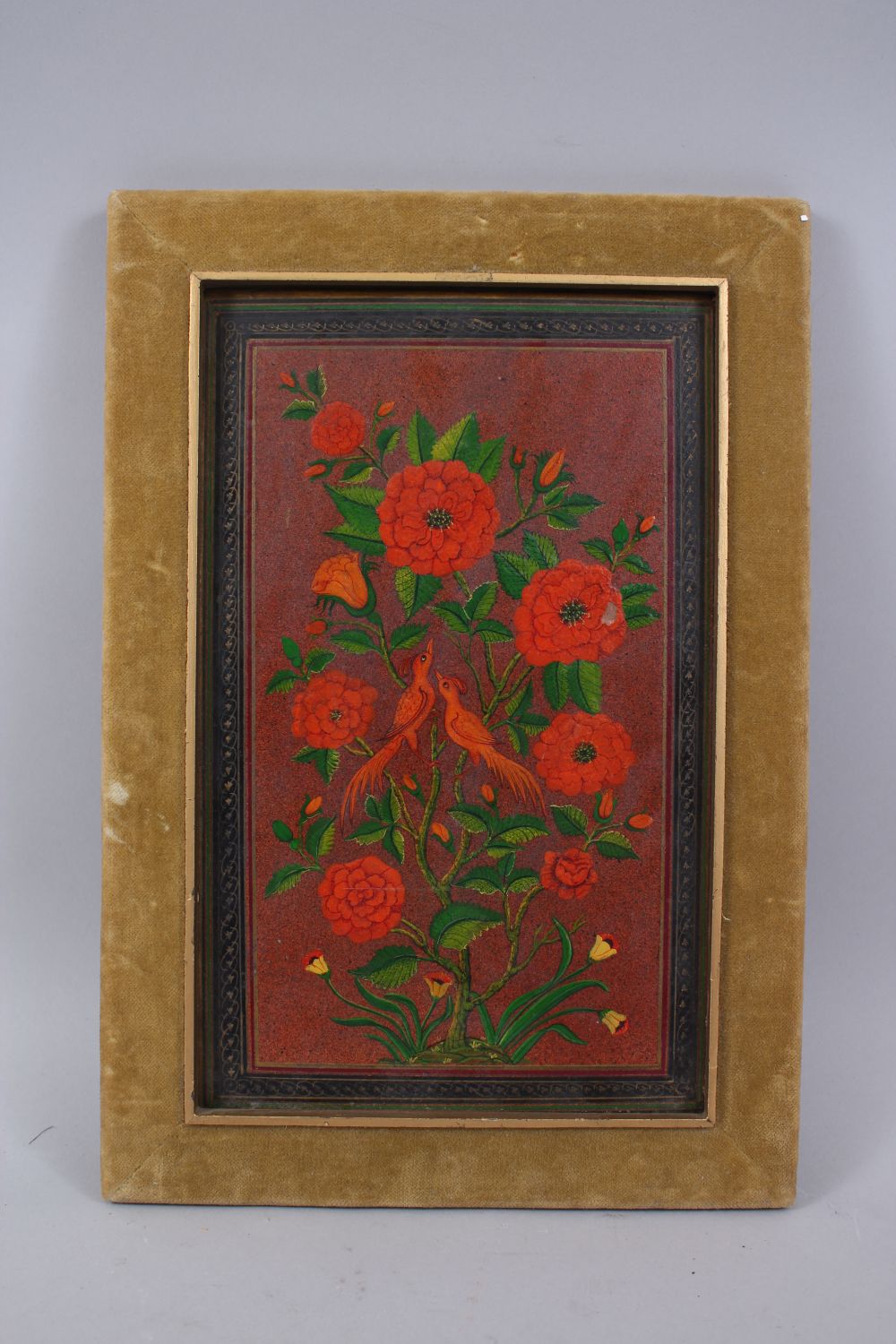 A 19TH CENTURY QAJAR LACQUER PAPIER MACHE PANEL of flowers, 28cm x 18cm in a velvet frame. - Image 4 of 7