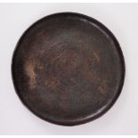 A RARE 12TH-13TH CENTURY PERSIAN SELJUK ENGRAVED CIRCULAR BRONZE DISH, 29cm diameter x 3.5cm deep.