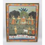 A 19TH-20TH CENTURY FRAMED INDIAN PAINTING ON TEXTILE depicting a blue skin god playing an