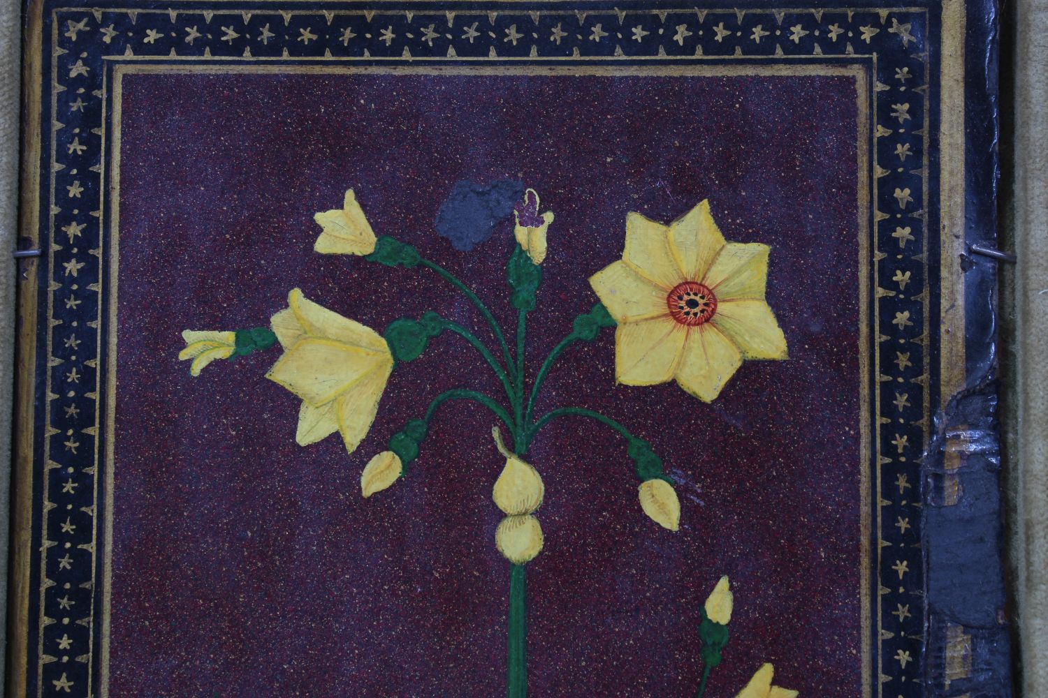 A 19TH CENTURY QAJAR LACQUER PAPIER MACHE PANEL of flowers, 28cm x 18cm in a velvet frame. - Image 2 of 7