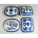 TWO BLUE AND WHITE TUREENS AND COVERS and two other lids.