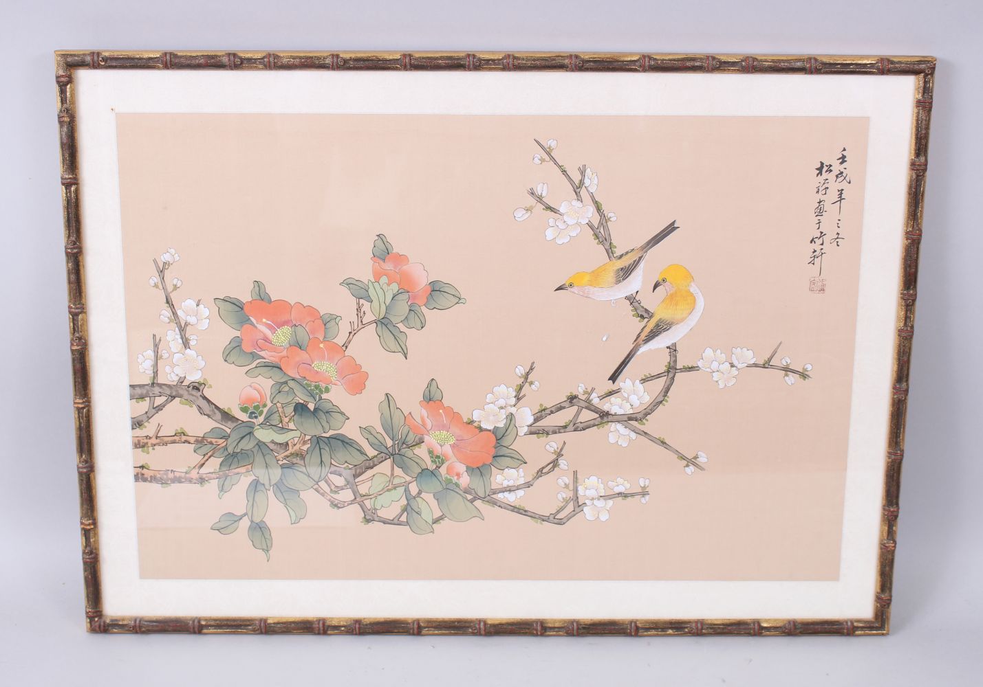 A GOOD 19TH / 20TH CENTURY CHINESE PAINTING ON TEXTILE OF BIRDS, the birds sat in trees, the upper