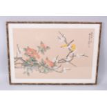 A GOOD 19TH / 20TH CENTURY CHINESE PAINTING ON TEXTILE OF BIRDS, the birds sat in trees, the upper