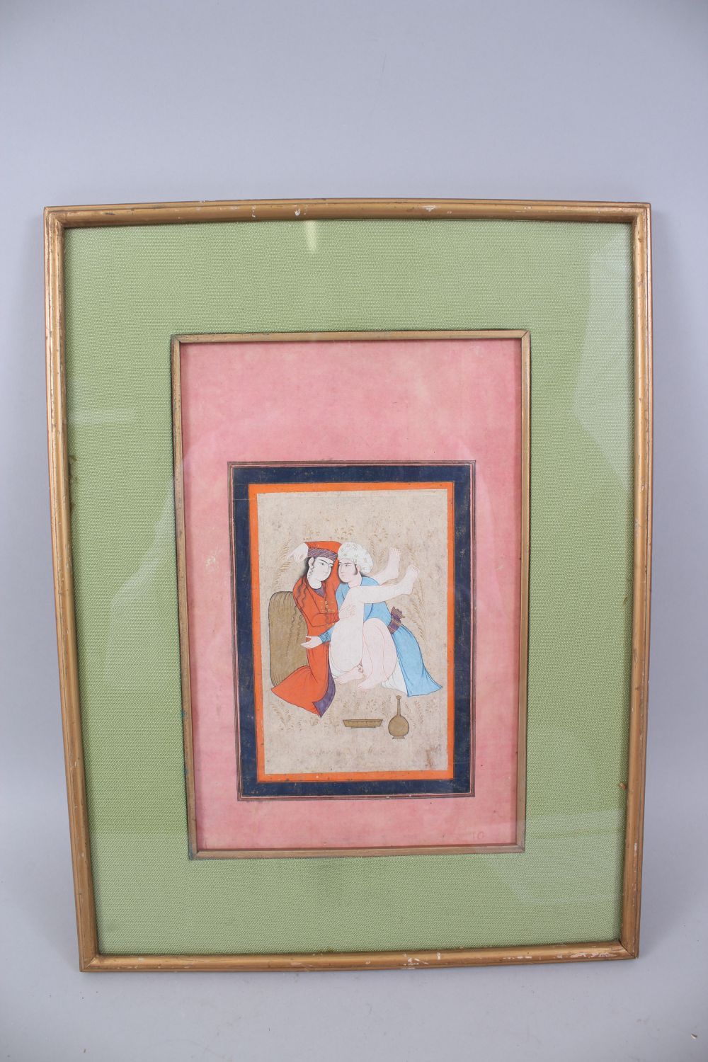 A 19TH CENTURY OR EARLIER PERSIAN EROTIC PICTURE, 16cm x 10cm, framed and glazed. - Image 2 of 3