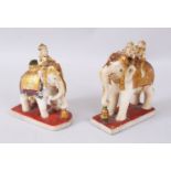 TWO FINE INDIAN CARVED POLYCHROMED ALABASTER ELEPHANTS.