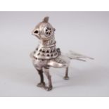 A 19TH CENTURY INDIAN SOLID SILVER BIRD SHAPED INCENSE BURNER with hinged head, 15cm high x 14cm