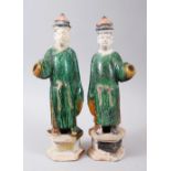 A GOOD PAIR OF LARGE MING DYNASTY SANCAI POTTERY TOMB FIGURES, the figures with removable heads,