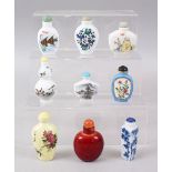 A MIXED LOT OF NINE 20TH CENTURY PORCELAIN SNUFF BOTTLES, consisting of some famille rose painted