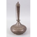 A GOOD 19TH CENTURY INDIAN KASHMIR SILVER BOTTLE SHAPED ROSEWATER SPRINKLER with top and chain, 29cm