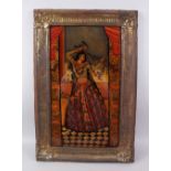 A 19TH CENTURY PERSIAN QAJAR REVERSE GLASS PAINTING, signed by the artist in original old frame.