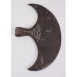 A 17TH CENTURY OTTOMAN TURKISH SILVER INLAID AXE HEAD, signed and dated, 33cm wide x 20cm deep.