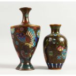 TWO SMALL CLOISONNE ENAMEL VASES. 5ins and 3.5ins high.