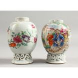 TWO 18TH CENTURY CHINESE FAMILLE ROSE TEA CADDIES. 4ins high.