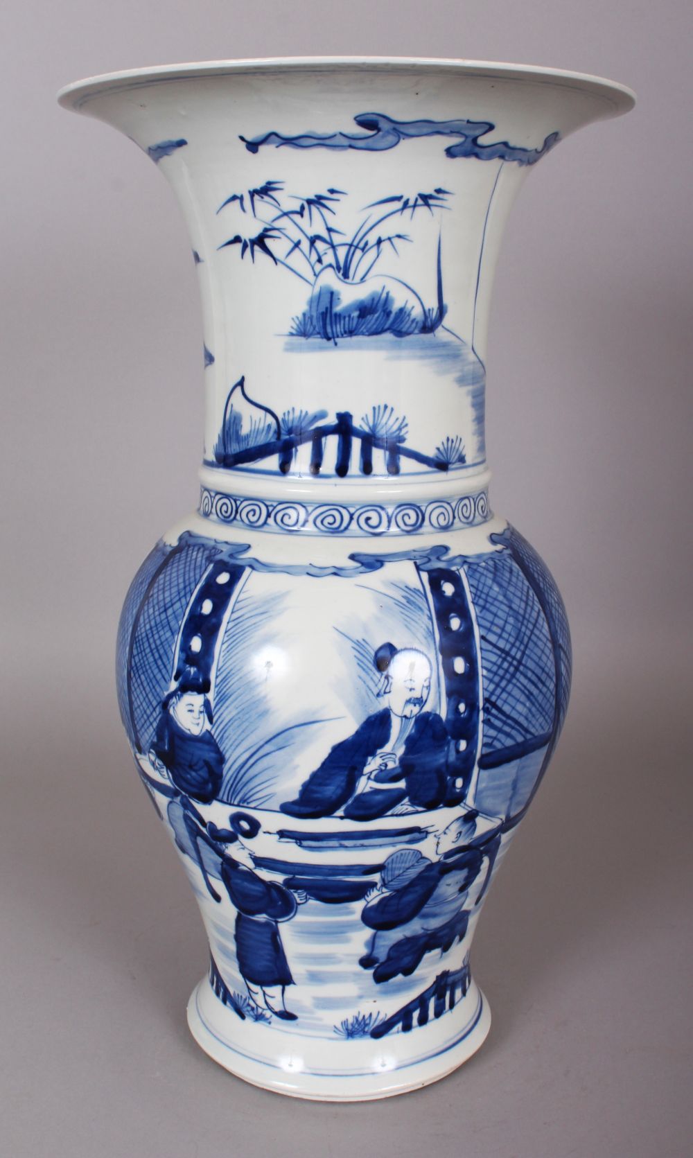 A CHINESE KANGXI STYLE BLUE & WHITE PORCELAIN YEN-YEN VASE, 15.3in high.