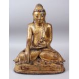 A BURMESE GILT BRONZE SEATED BUDDHA, possibly 18th Century, set with semi-precious stones. 40cms