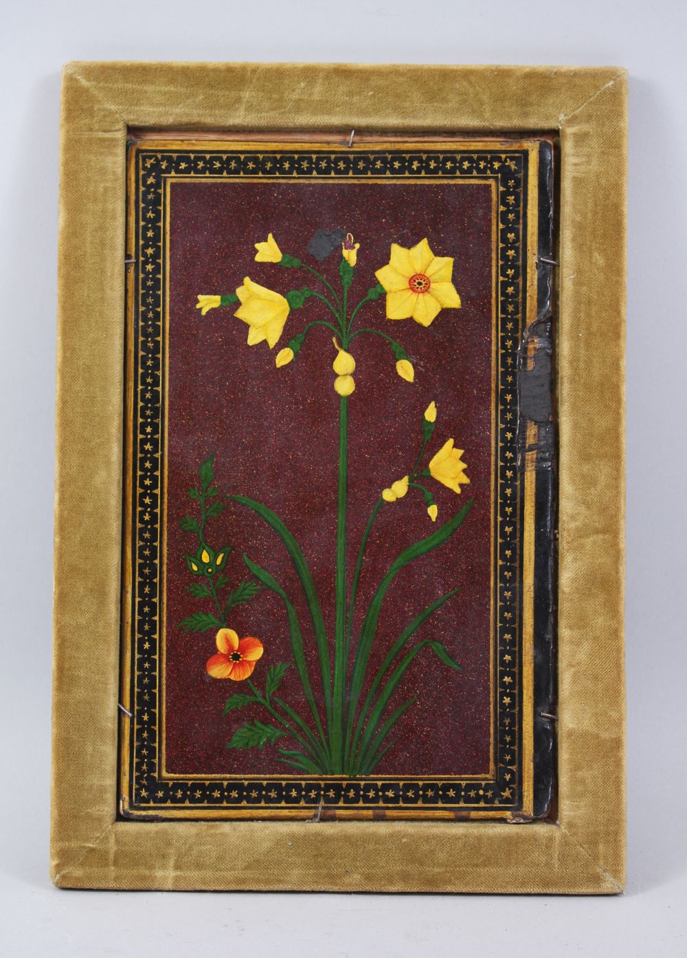 A 19TH CENTURY QAJAR LACQUER PAPIER MACHE PANEL of flowers, 28cm x 18cm in a velvet frame.