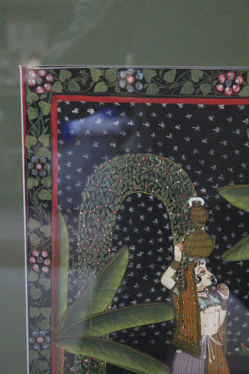 A LARGE FRAMED ISLAMIC / INDIAN PAINTING ON TEXTILE, depicting a blue skin god mid parade or - Image 8 of 8