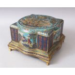A VERY GOOD LATE 19TH CENTURY CHINESE CLOISONNE ENAMEL SHAPED BOX AND STAND with figures, birds