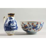 A CHINESE CIRCULAR IMARI BOWL, 6ins diameter and a BLUE AND WHITE SPARROW BEAK JUG.