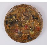 A LATE 19TH CENTURY INDO PERSIAN ALABASTER CIRCULAR DISH, finely painted with many figures at