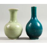 TWO SMALL CHINESE VASES. Turquoise and Celadon. 5ins and 4.5ins high.