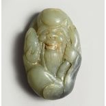 A CHINESE CARVED JADE SNUFF BOTTLE as a Hotei. 3ins long.