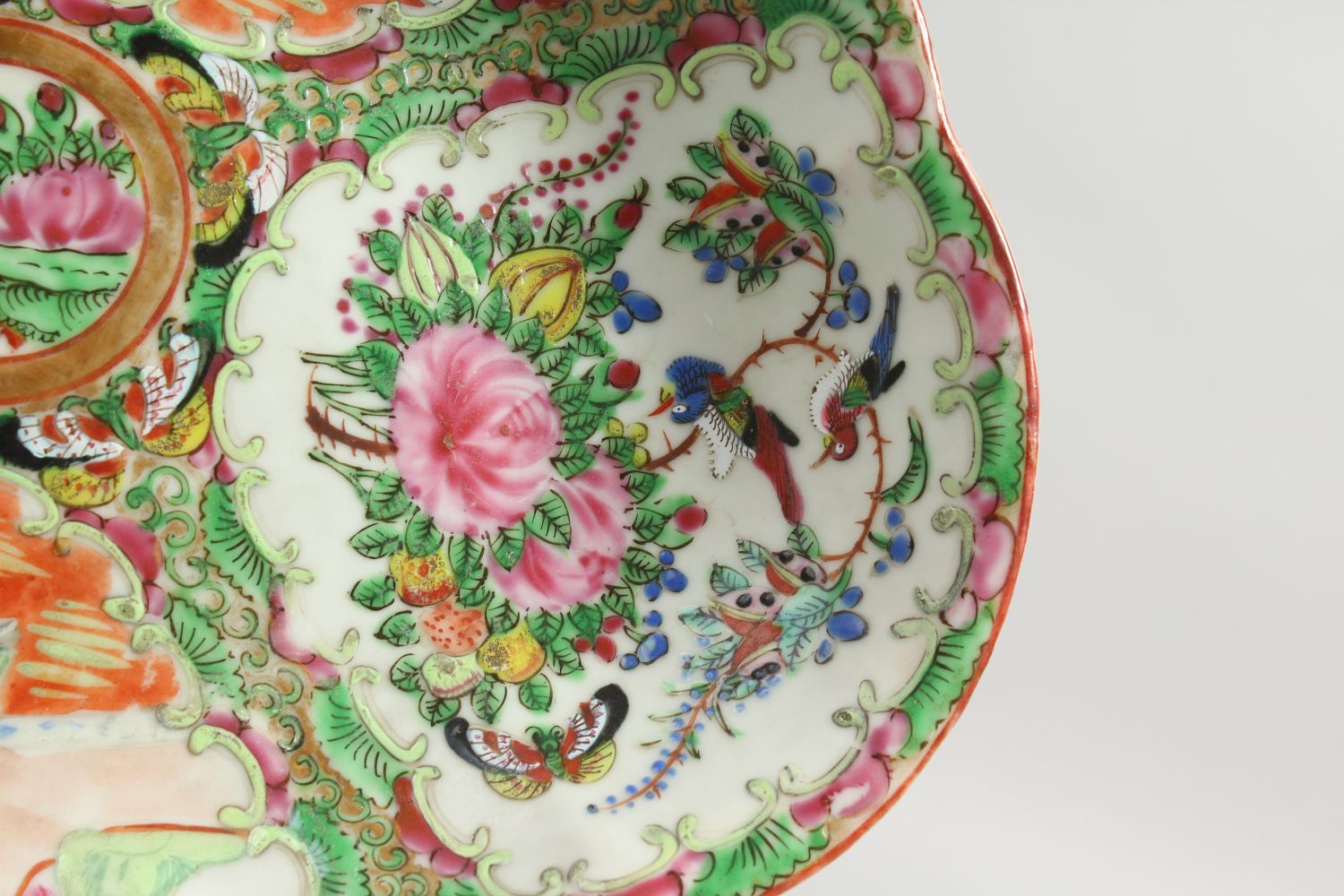 A CANTON OVAL DISH with four panels of birds, butterflies and flowers. 10ins wide. - Image 5 of 8