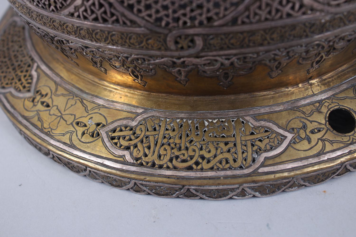 A 19TH CENTURY DAMASCUS MAMLUK REVIVAL SILVER INLAID HANGING LAMP converted to electricity, 29cm - Image 6 of 7