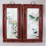 A PAIR OF CHINESE REPUBLICAN STYLE PORCELAIN FRAMED PANELS, the panels depicting scenes of birds
