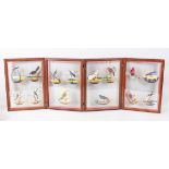 A FRAMED AND GLAZED SET OF INDIAN COMPANY SCHOOL PAINTINGS OF BIRDS ON MICA.