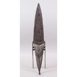 A LARGE 19TH CENTURY SOUTH INDIAN ENGRAVED STEEL HOODED KATAR, 52cm long.