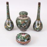 A GROUP OF FOUR MATCHING JAPANESE MEIJI PERIOD CLOISONNE ITEMS, including a pair of vases, a