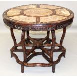 A LARGE GOOD QUALITY 19TH CENTURY CHINESE CIRCULAR PINK MARBLE TOP & MOTHER-OF-PEARL INLAID CARVED