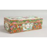 A GOOD CANTON RECTANGULAR BOX AND COVER painted with birds, insects and butterflies. 7ins long.