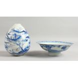 A BLUE AND WHITE STEM BOWL and a BULBOUS VASE with figures in a landscape.