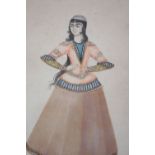 AN EARLY 19TH CENTURY PERSIAN WATERCOLOUR PICTURE OF A YOUNG LADY, 17cm x 10cm, framed and glazed.