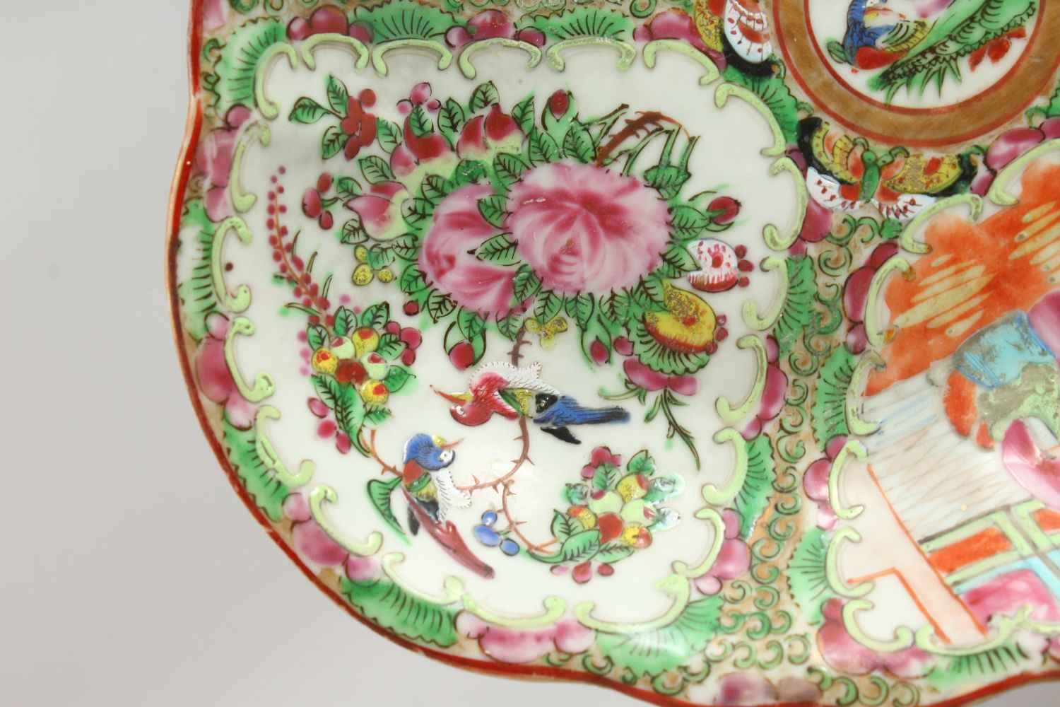 A CANTON OVAL DISH with four panels of birds, butterflies and flowers. 10ins wide. - Image 4 of 8