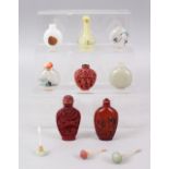 A MIXED LOT OF EIGHT 20TH CENTURY CHINESE SNUFF BOTTLES, the lot consisting of three cinnabar