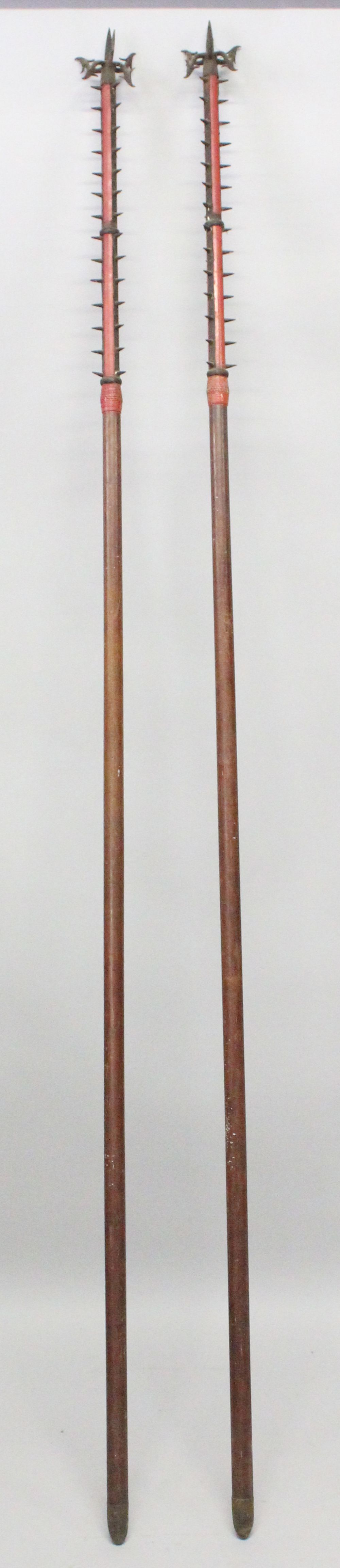 A GOOD PAIR OF ORIENTAL POLE ARMS, the tops with spikes and hooks, the collar formed from carved - Image 2 of 3